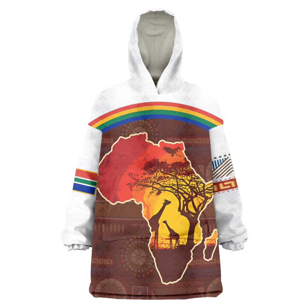 African Sunset Wearable Blanket Hoodie Tribal Pattern Continent Silhouette - Rainbow Arc Safari Scene TS04