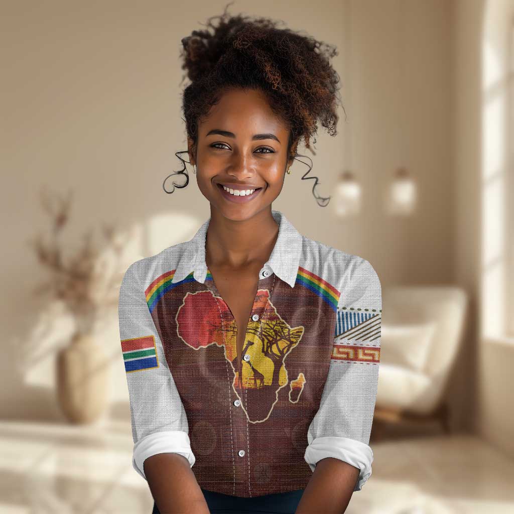 African Sunset Women Casual Shirt Tribal Pattern Continent Silhouette - Rainbow Arc Safari Scene TS04