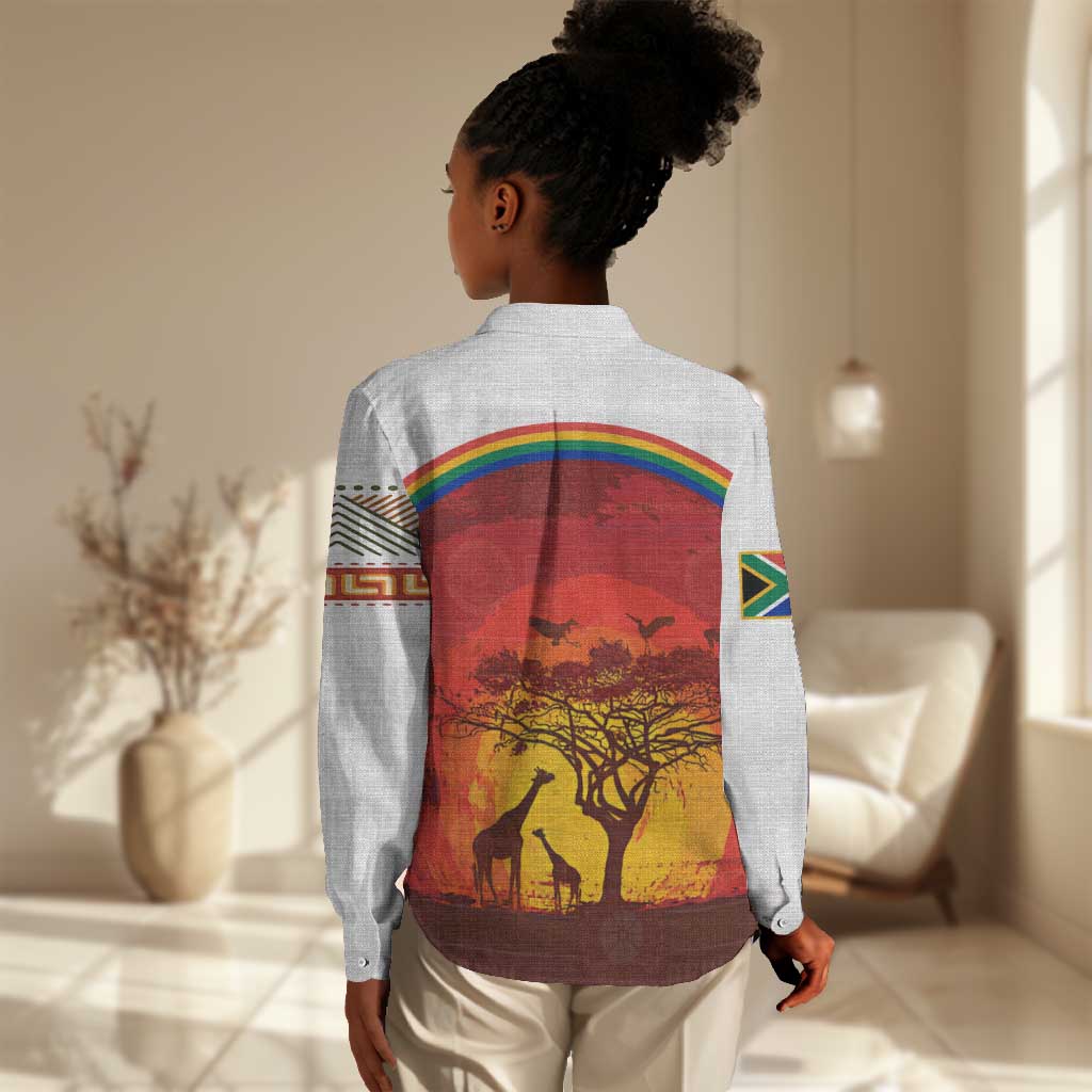 African Sunset Women Casual Shirt Tribal Pattern Continent Silhouette - Rainbow Arc Safari Scene TS04
