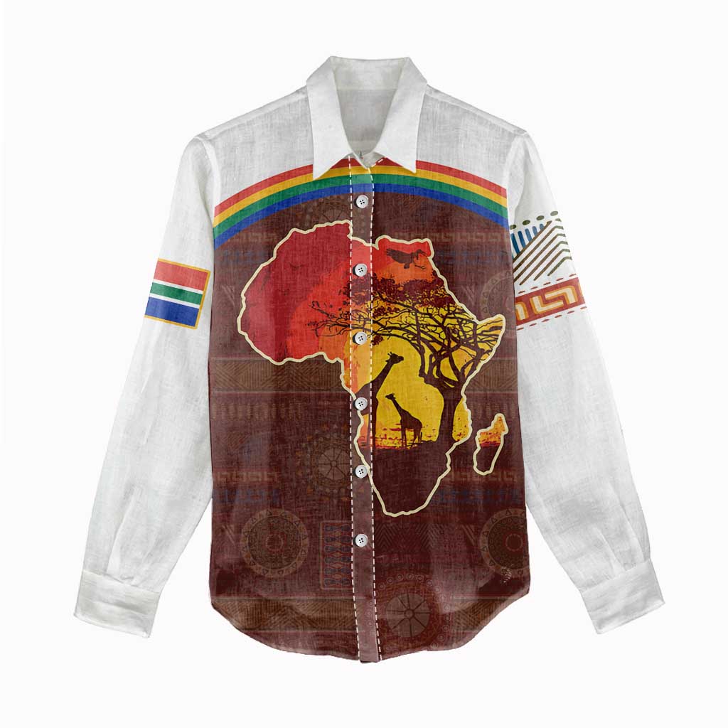 African Sunset Women Casual Shirt Tribal Pattern Continent Silhouette - Rainbow Arc Safari Scene TS04