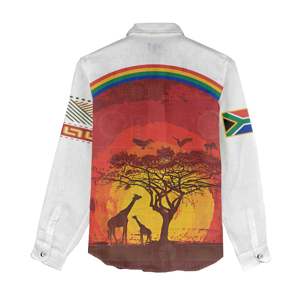 African Sunset Women Casual Shirt Tribal Pattern Continent Silhouette - Rainbow Arc Safari Scene TS04
