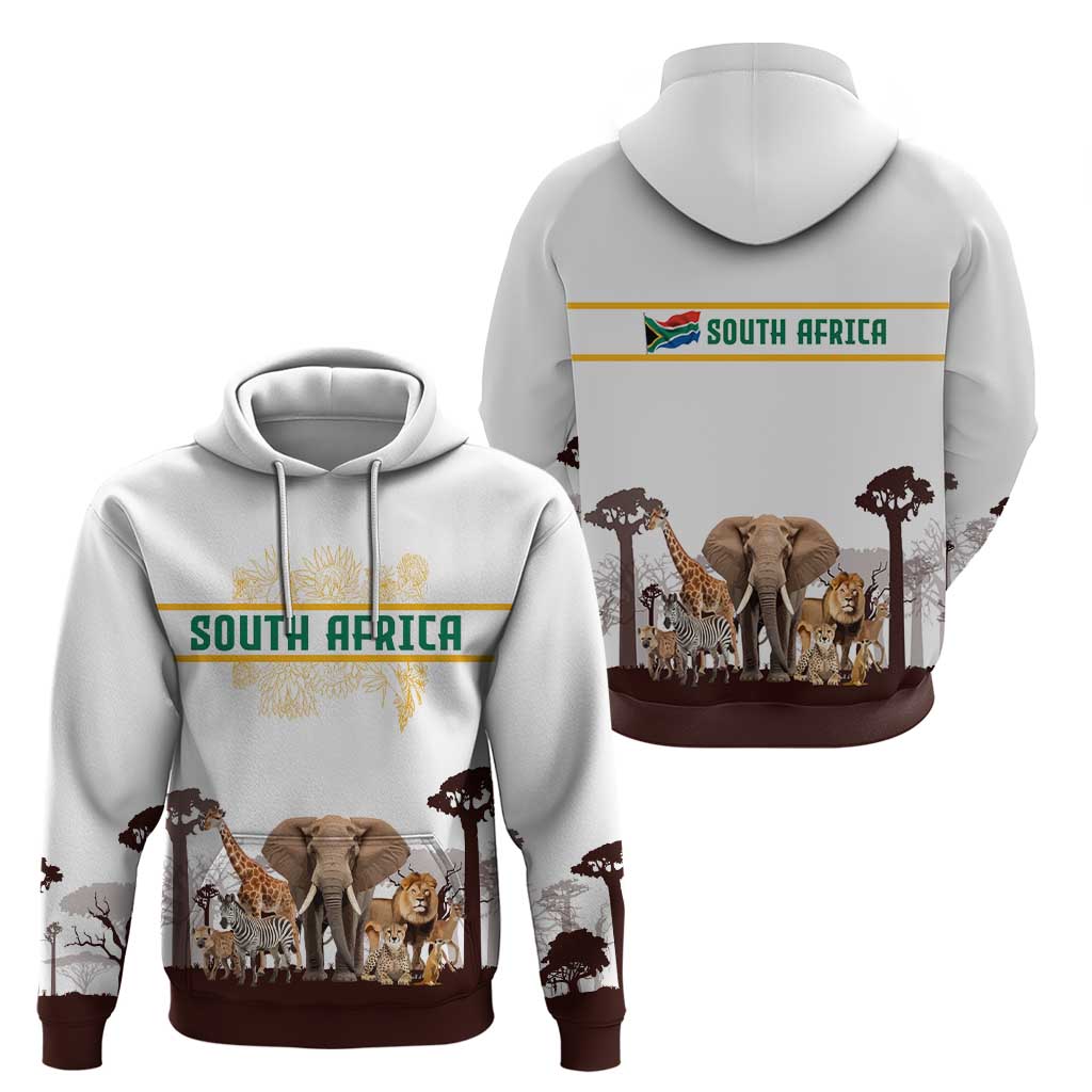 South Africa Wildlife Pride Hoodie Big Five with National Flag and Protea Floral Accent TS04