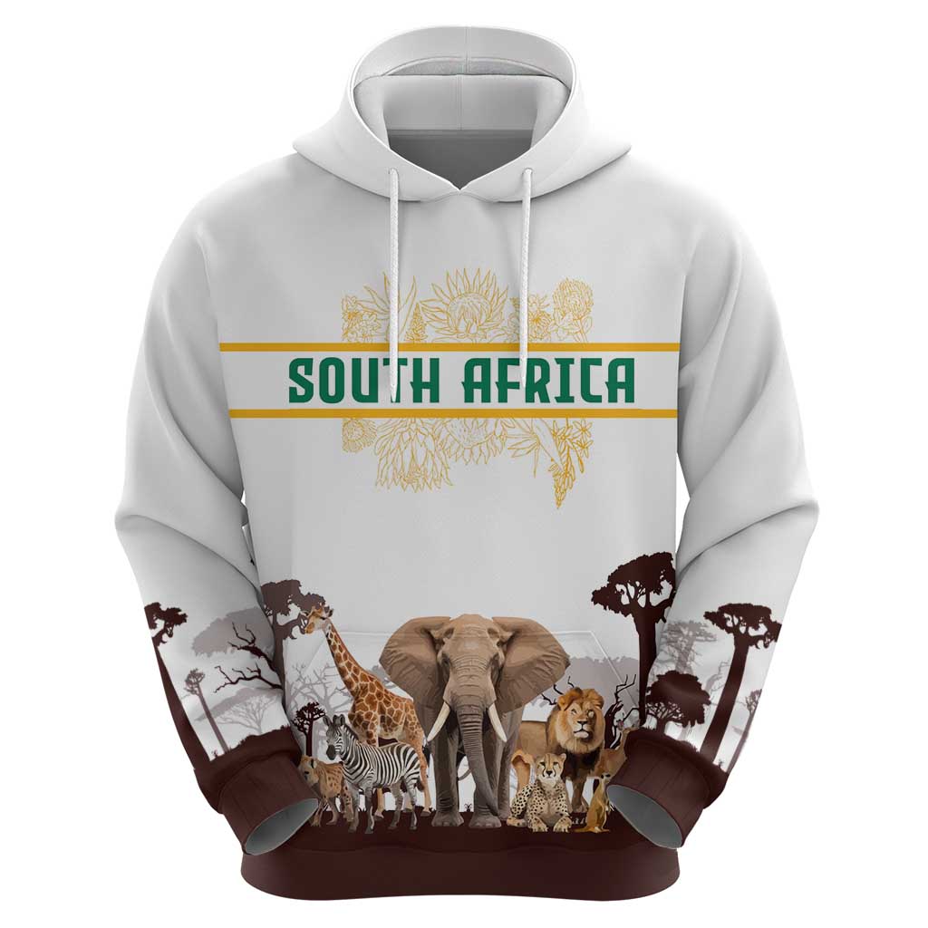 South Africa Wildlife Pride Hoodie Big Five with National Flag and Protea Floral Accent TS04