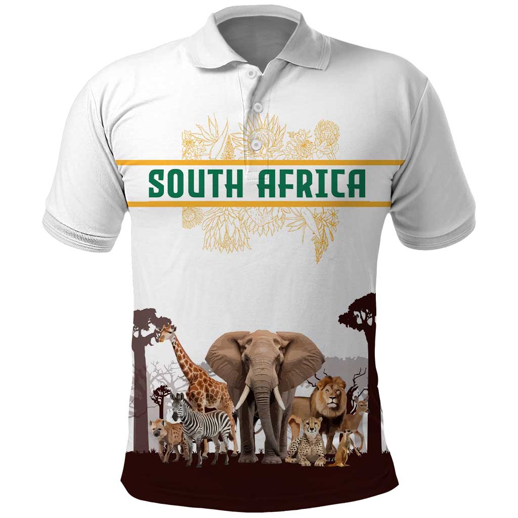 South Africa Wildlife Pride Polo Shirt Big Five with National Flag and Protea Floral Accent TS04