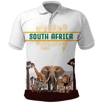 South Africa Wildlife Pride Polo Shirt Big Five with National Flag and Protea Floral Accent TS04