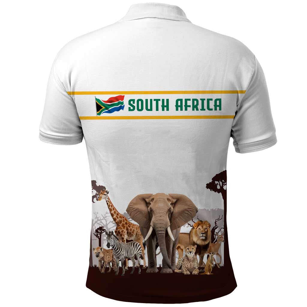 South Africa Wildlife Pride Polo Shirt Big Five with National Flag and Protea Floral Accent TS04