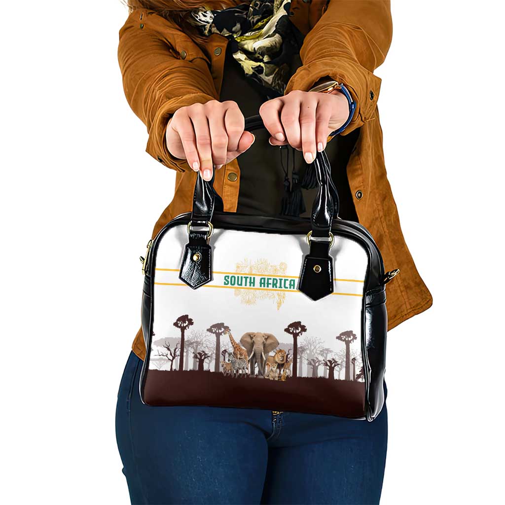 South Africa Wildlife Pride Shoulder Handbag Big Five with National Flag and Protea Floral Accent TS04