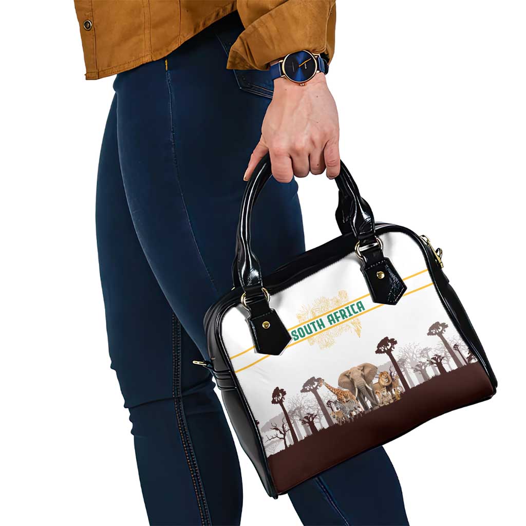 South Africa Wildlife Pride Shoulder Handbag Big Five with National Flag and Protea Floral Accent TS04