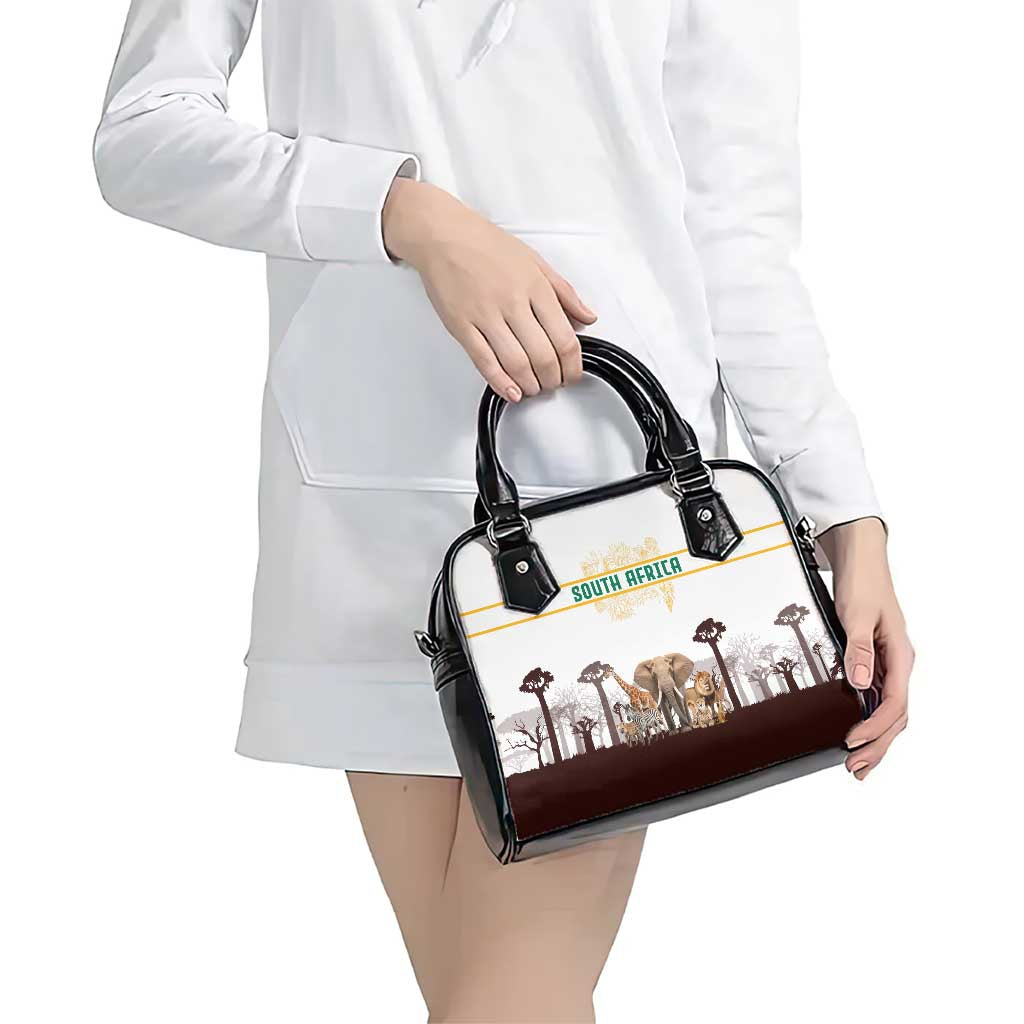 South Africa Wildlife Pride Shoulder Handbag Big Five with National Flag and Protea Floral Accent TS04