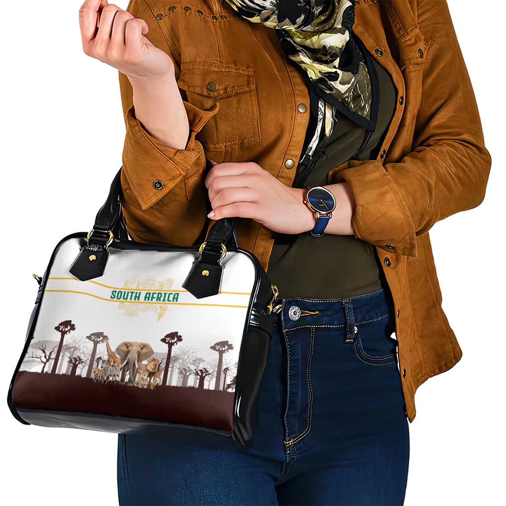 South Africa Wildlife Pride Shoulder Handbag Big Five with National Flag and Protea Floral Accent TS04