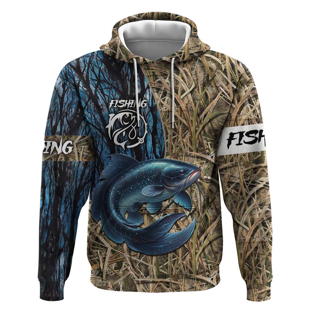 Catfish Fishing Personalized Hoodie Blue Bass and Camo Reeds Background TS04