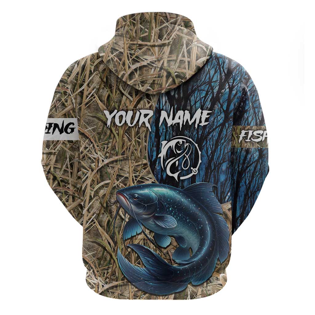 Catfish Fishing Personalized Hoodie Blue Bass and Camo Reeds Background TS04