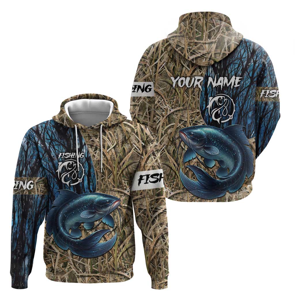 Catfish Fishing Personalized Hoodie Blue Bass and Camo Reeds Background TS04