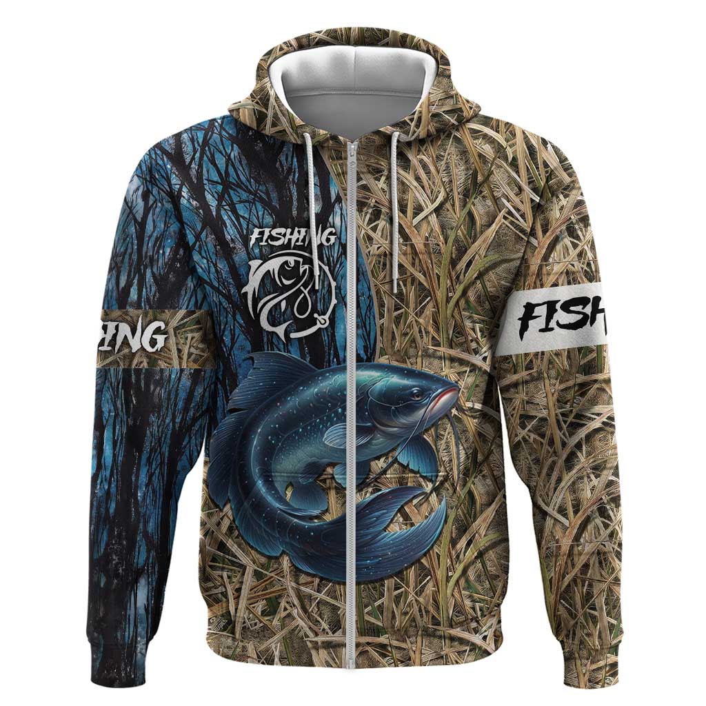 Catfish Fishing Personalized Hoodie Blue Bass and Camo Reeds Background TS04