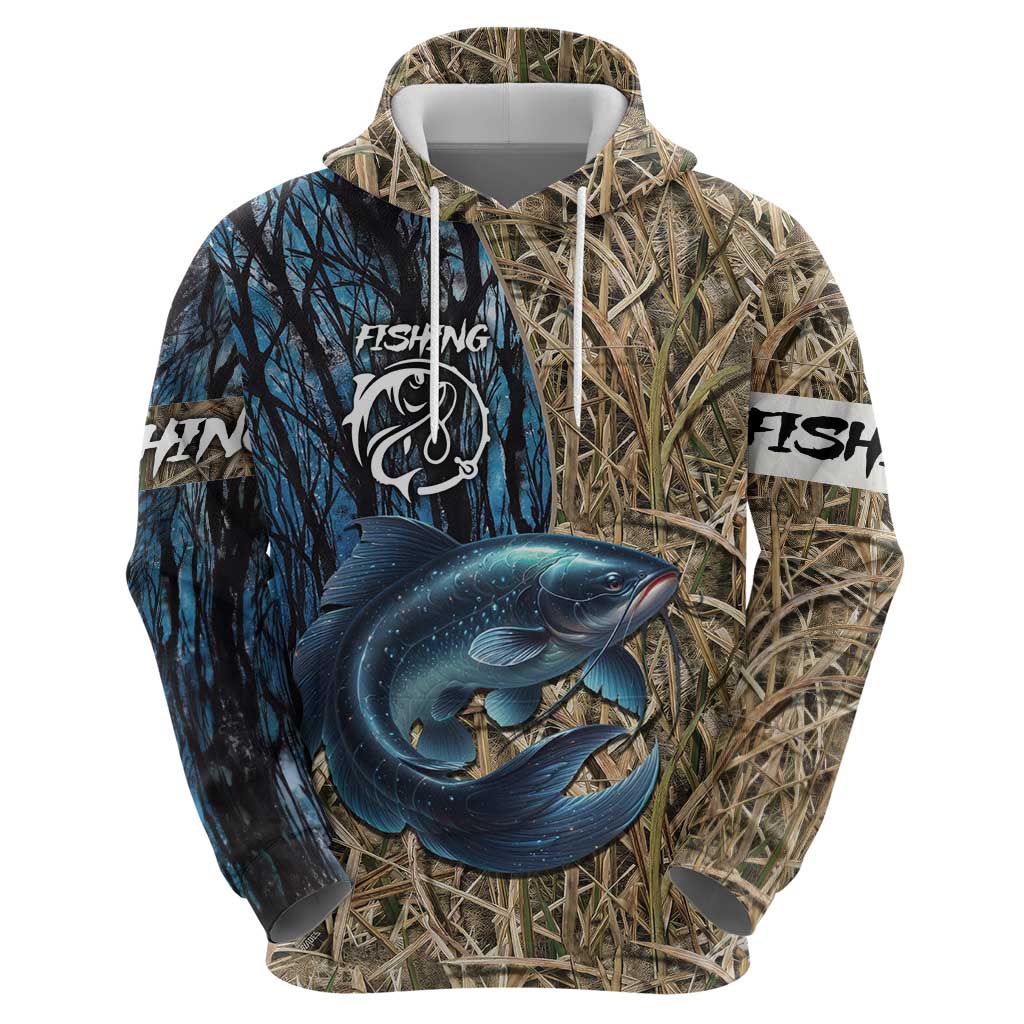 Catfish Fishing Personalized Hoodie Blue Bass and Camo Reeds Background TS04