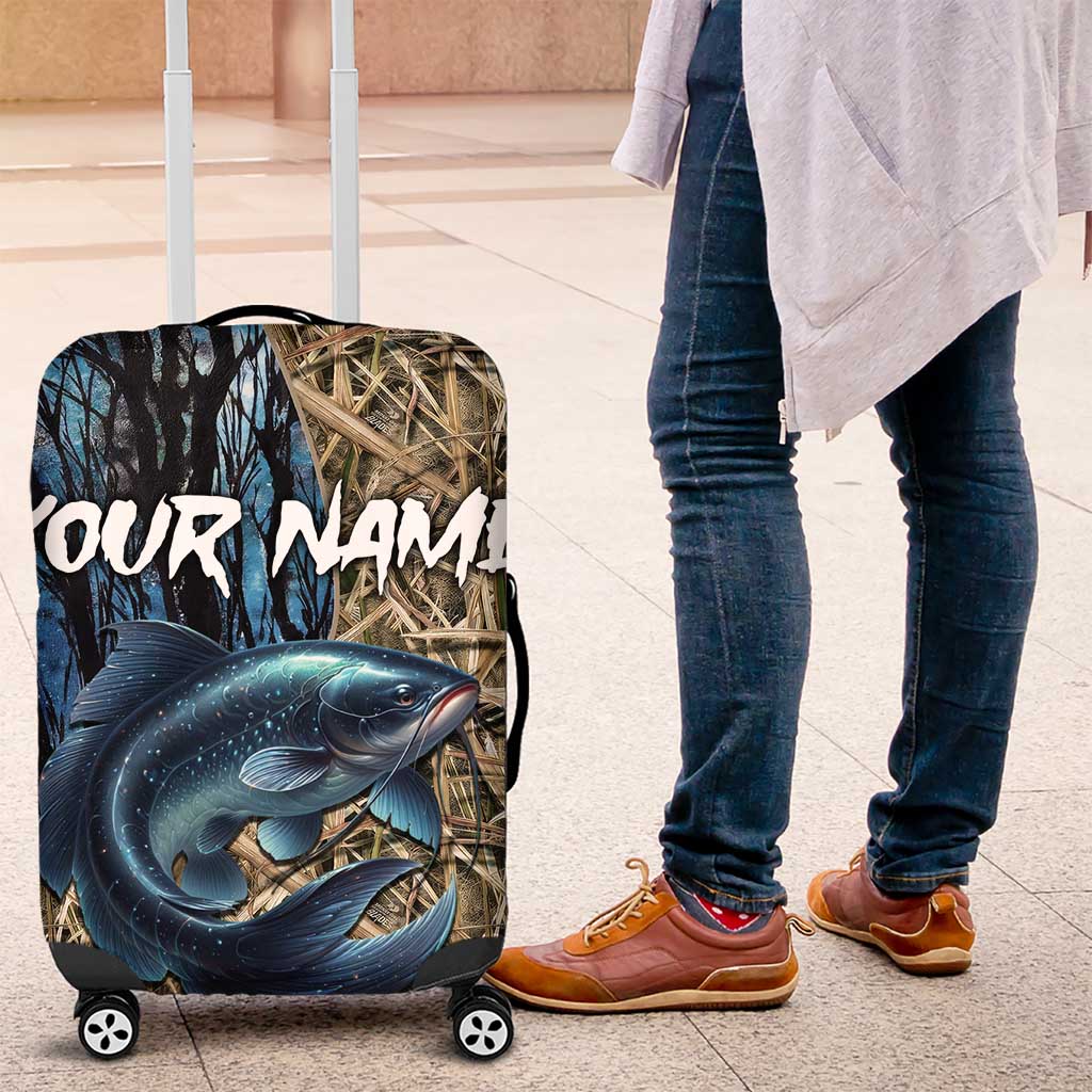 Catfish Fishing Personalized Luggage Cover Blue Bass and Camo Reeds Background TS04