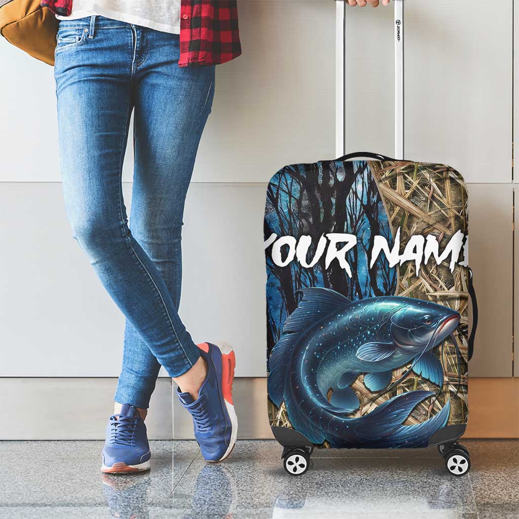 Catfish Fishing Personalized Luggage Cover Blue Bass and Camo Reeds Background TS04