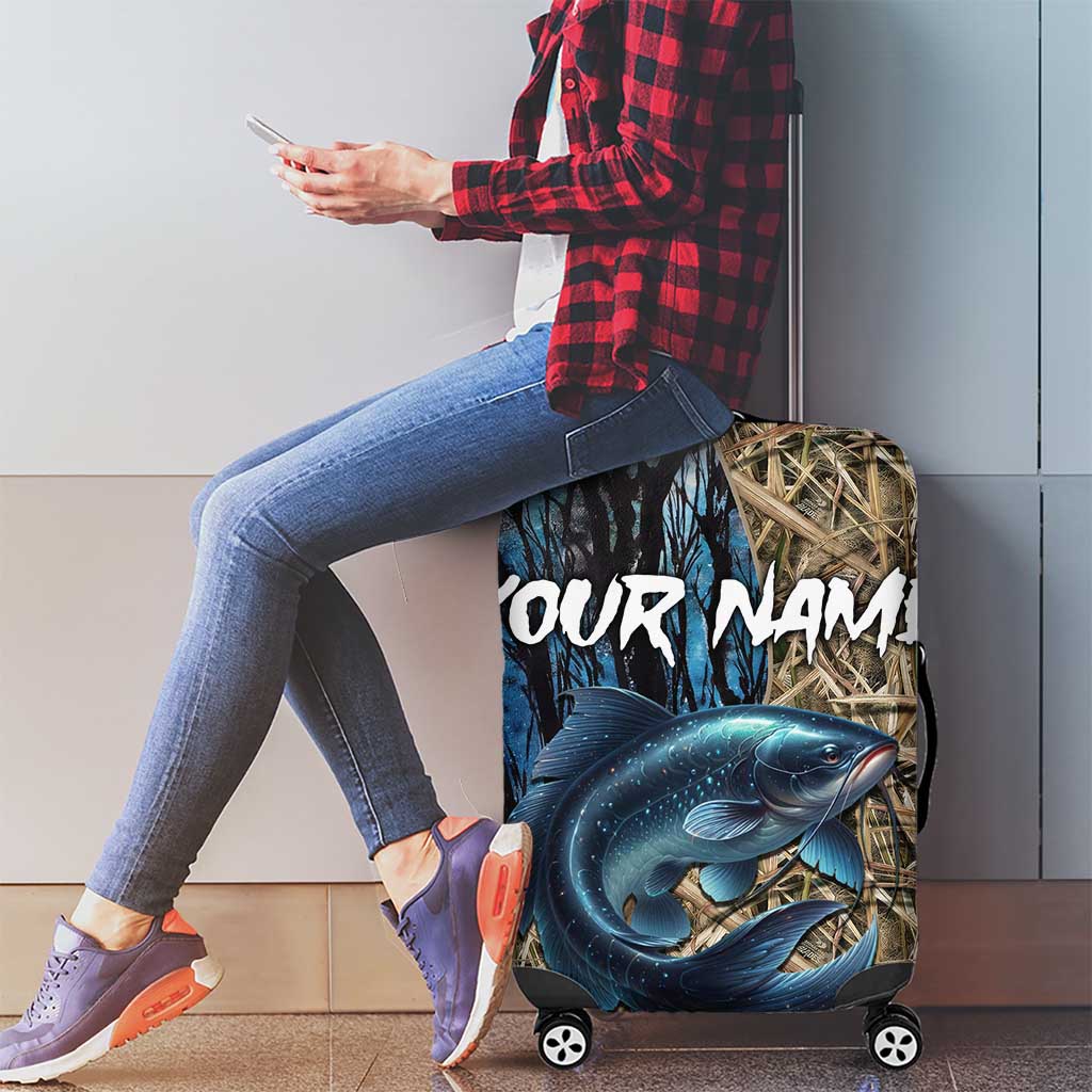 Catfish Fishing Personalized Luggage Cover Blue Bass and Camo Reeds Background TS04