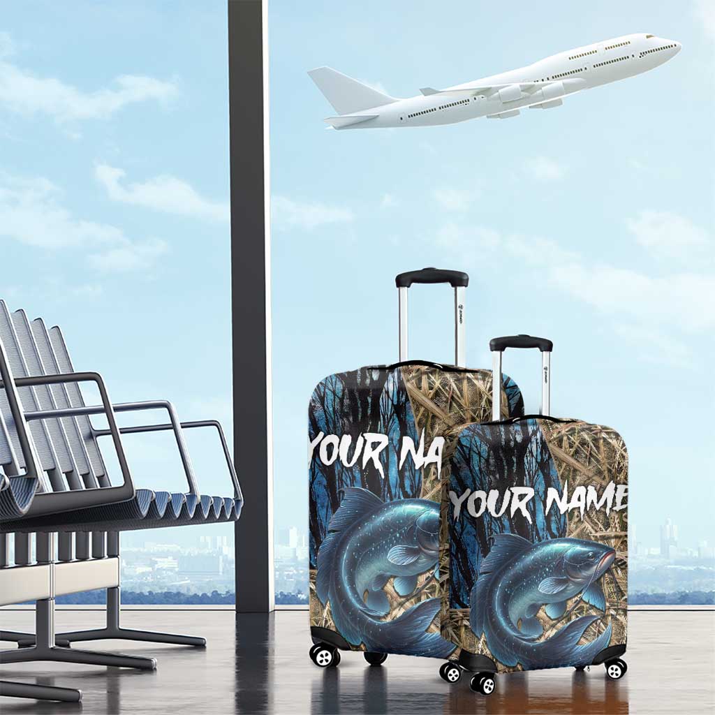 Catfish Fishing Personalized Luggage Cover Blue Bass and Camo Reeds Background TS04