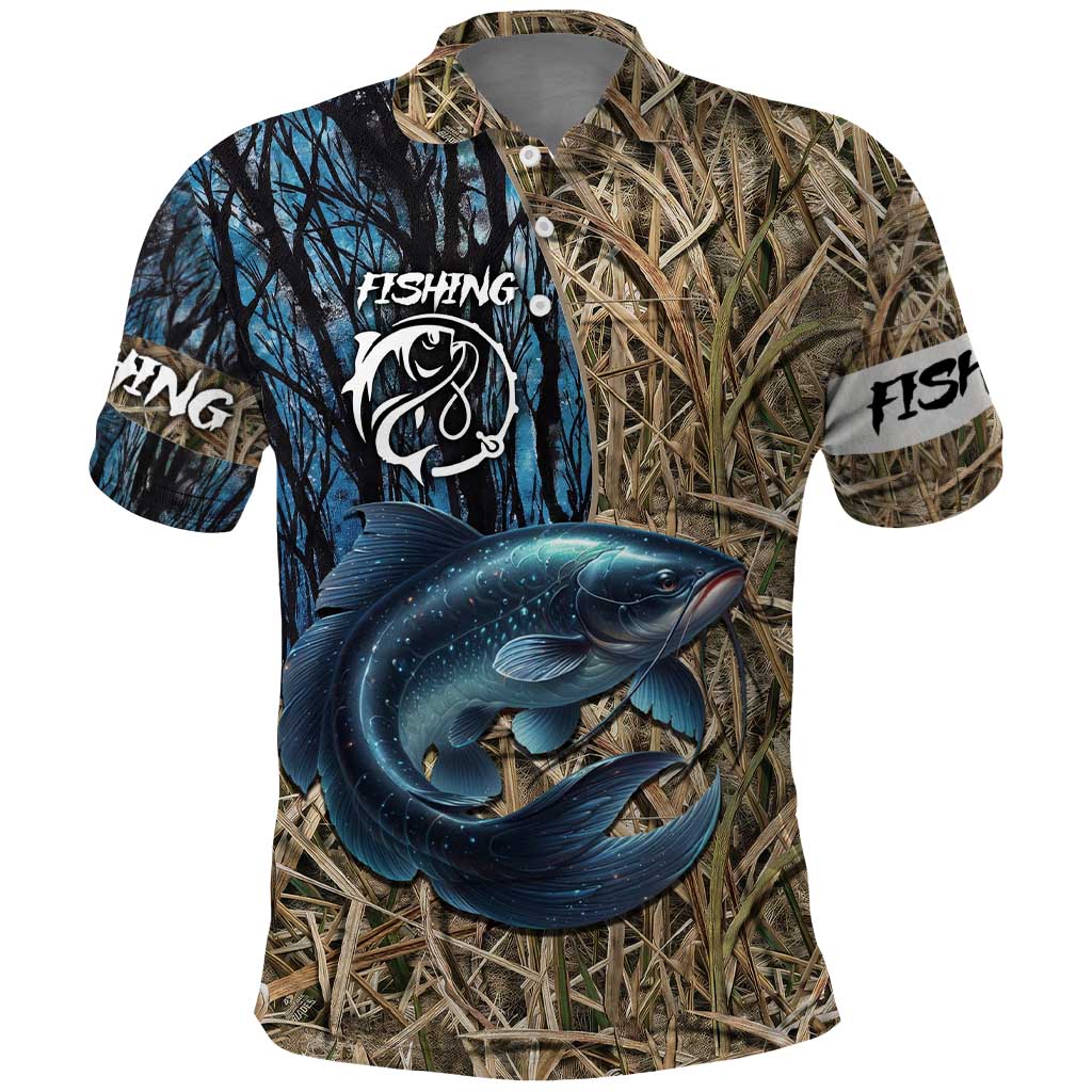 Catfish Fishing Personalized Polo Shirt Blue Bass and Camo Reeds Background TS04