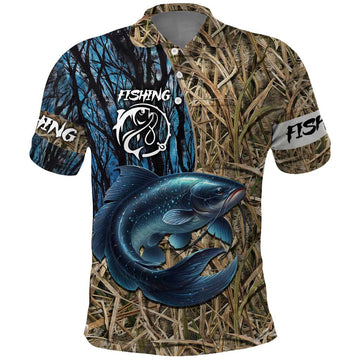 Catfish Fishing Personalized Polo Shirt Blue Bass and Camo Reeds Background TS04