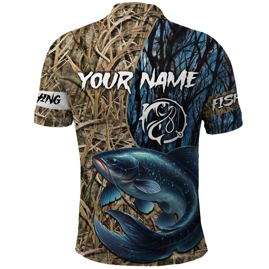 Catfish Fishing Personalized Polo Shirt Blue Bass and Camo Reeds Background TS04