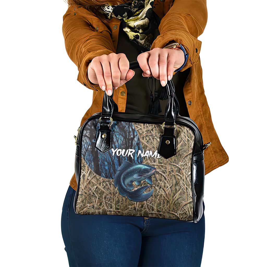 Catfish Fishing Personalized Shoulder Handbag Blue Bass and Camo Reeds Background TS04