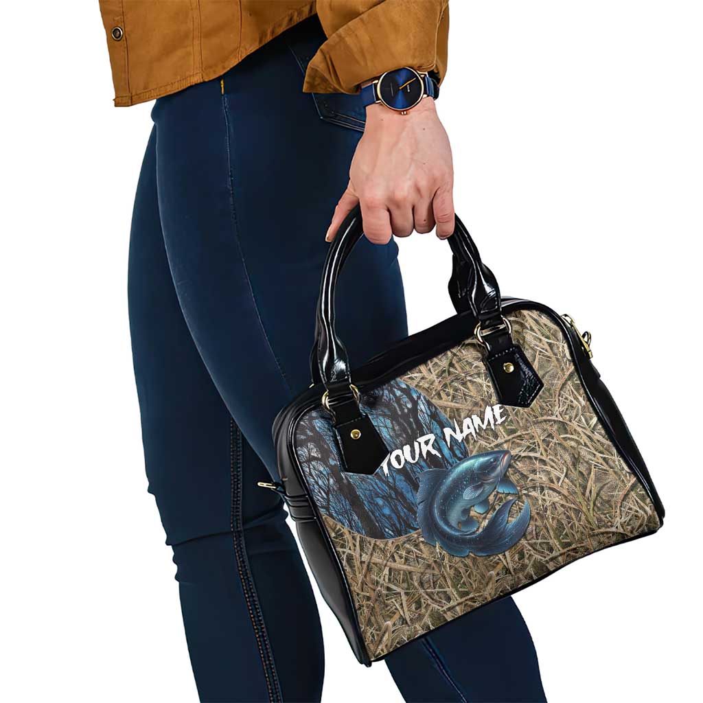 Catfish Fishing Personalized Shoulder Handbag Blue Bass and Camo Reeds Background TS04