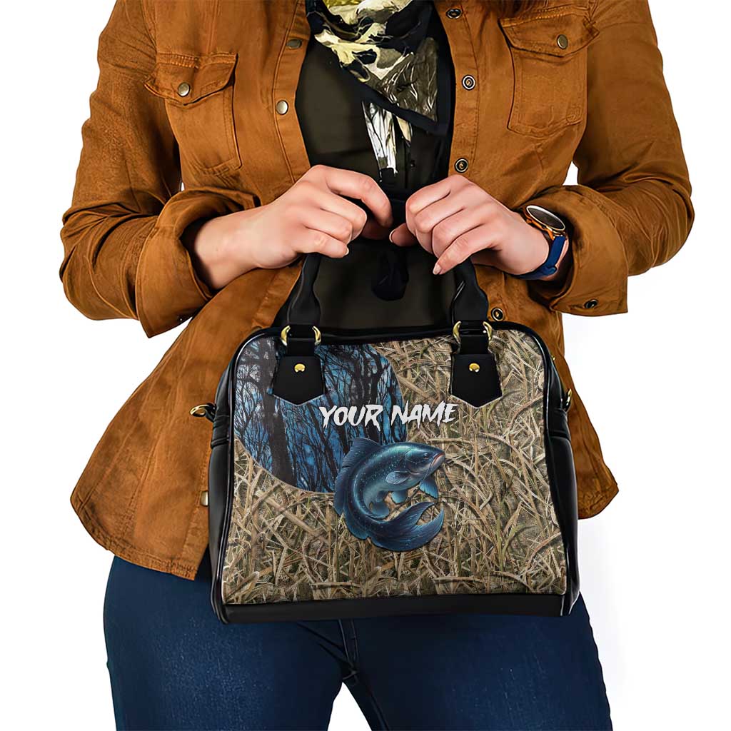 Catfish Fishing Personalized Shoulder Handbag Blue Bass and Camo Reeds Background TS04