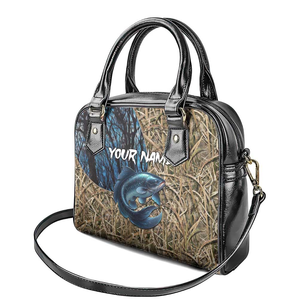 Catfish Fishing Personalized Shoulder Handbag Blue Bass and Camo Reeds Background TS04