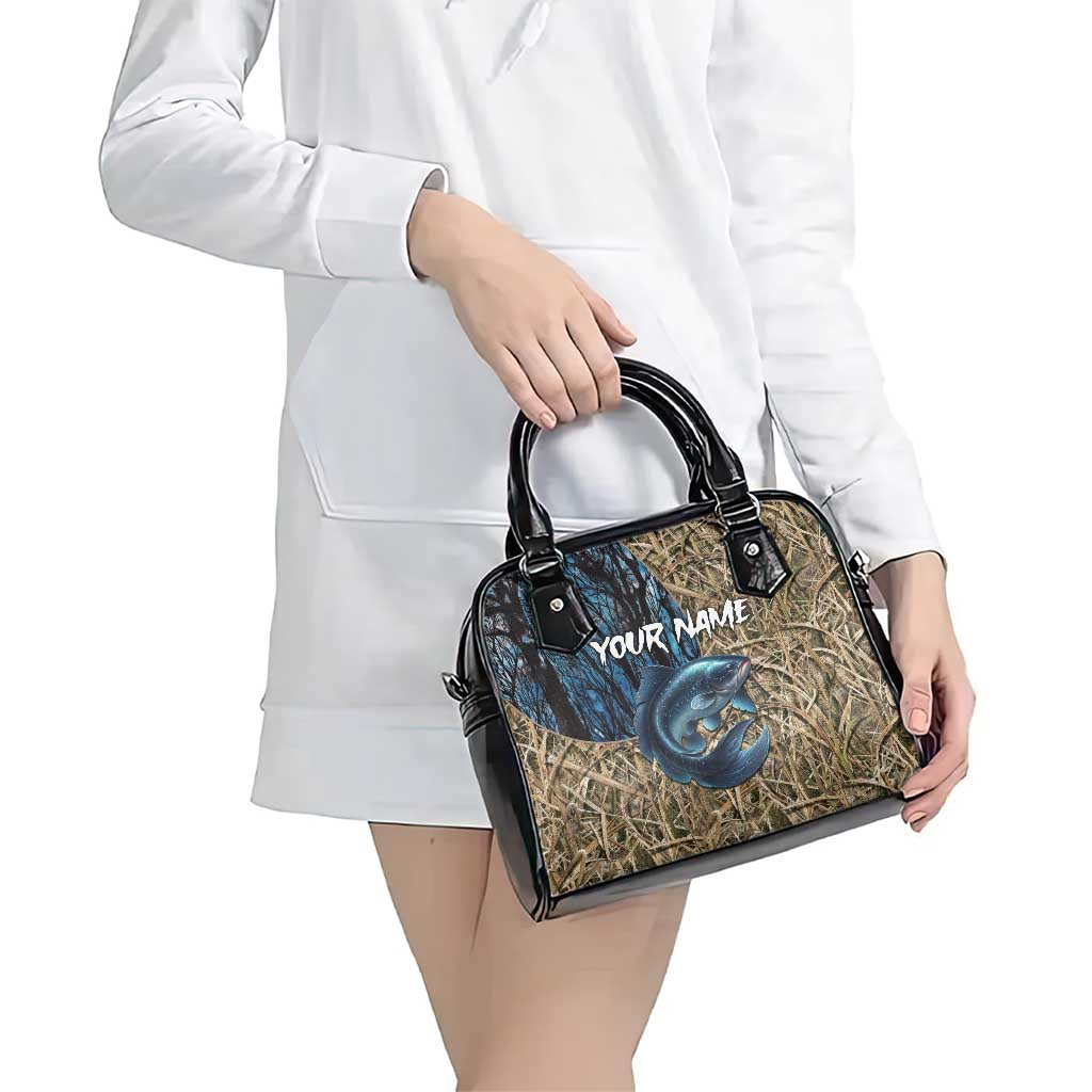 Catfish Fishing Personalized Shoulder Handbag Blue Bass and Camo Reeds Background TS04