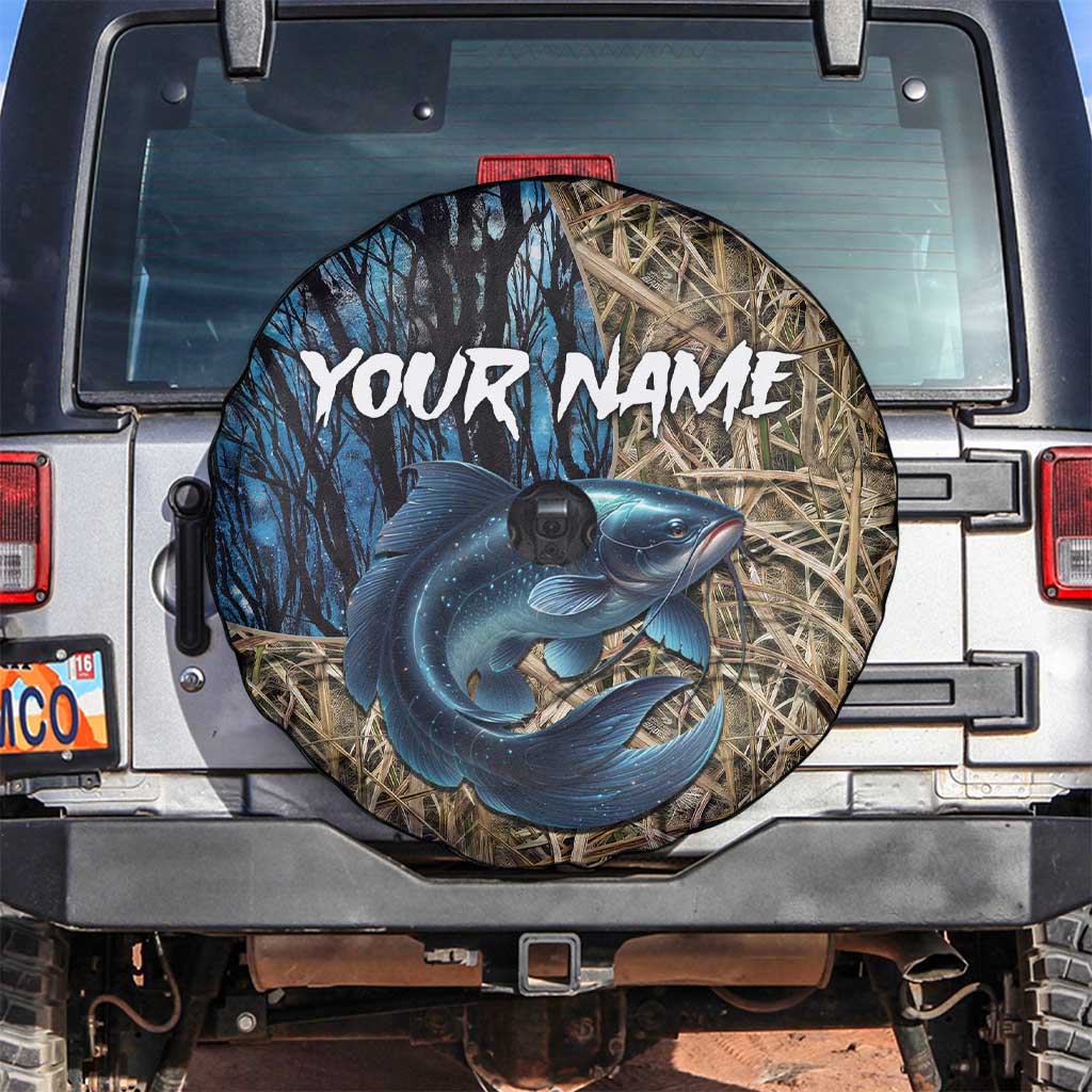 Catfish Fishing Personalized Spare Tire Cover Blue Bass and Camo Reeds Background TS04