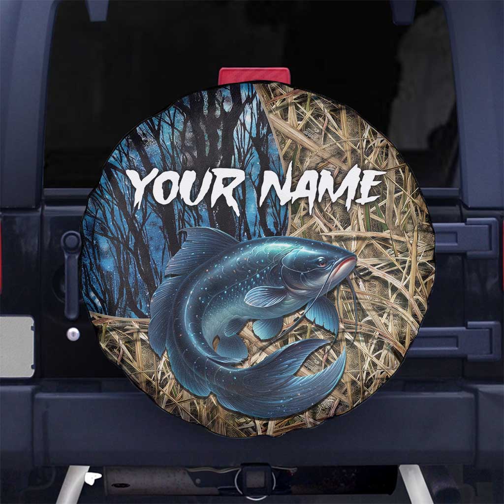 Catfish Fishing Personalized Spare Tire Cover Blue Bass and Camo Reeds Background TS04
