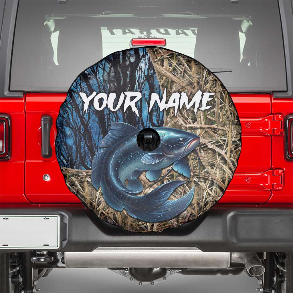 Catfish Fishing Personalized Spare Tire Cover Blue Bass and Camo Reeds Background TS04