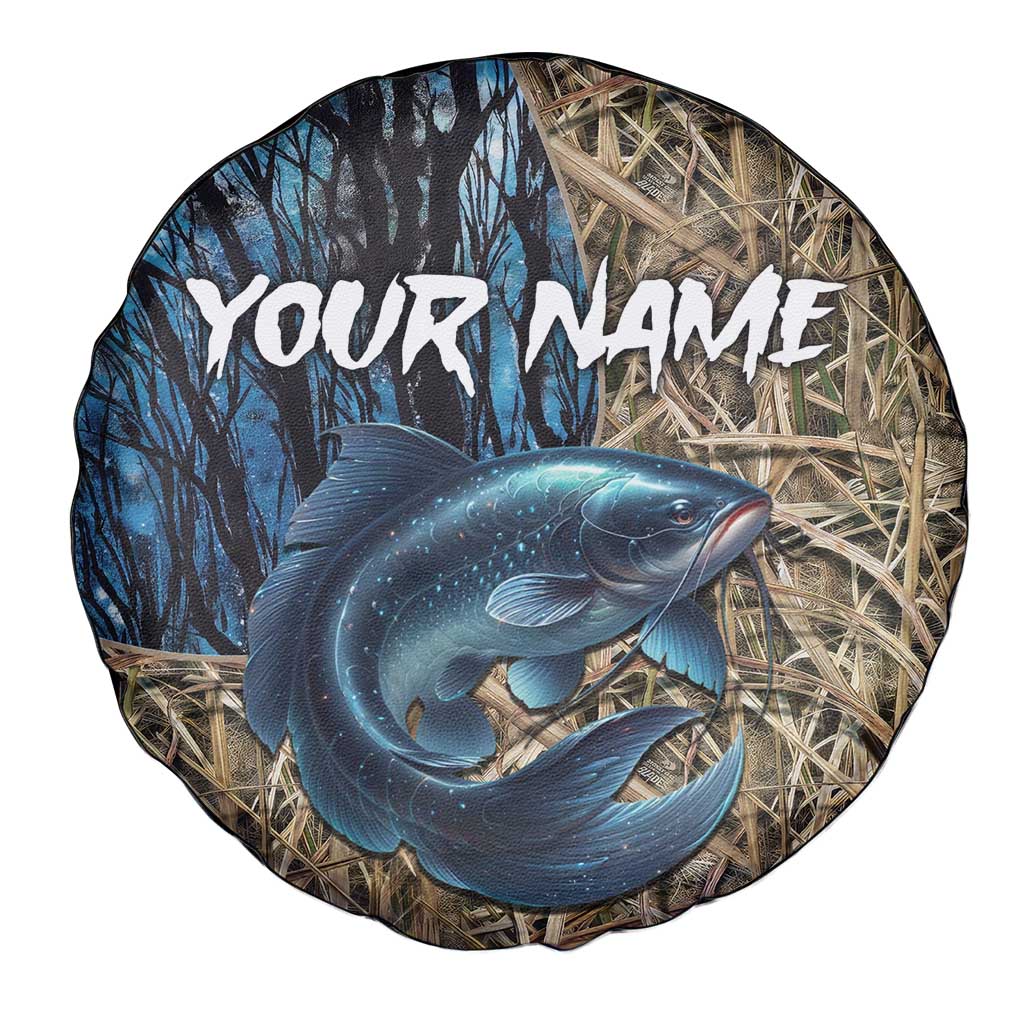 Catfish Fishing Personalized Spare Tire Cover Blue Bass and Camo Reeds Background TS04