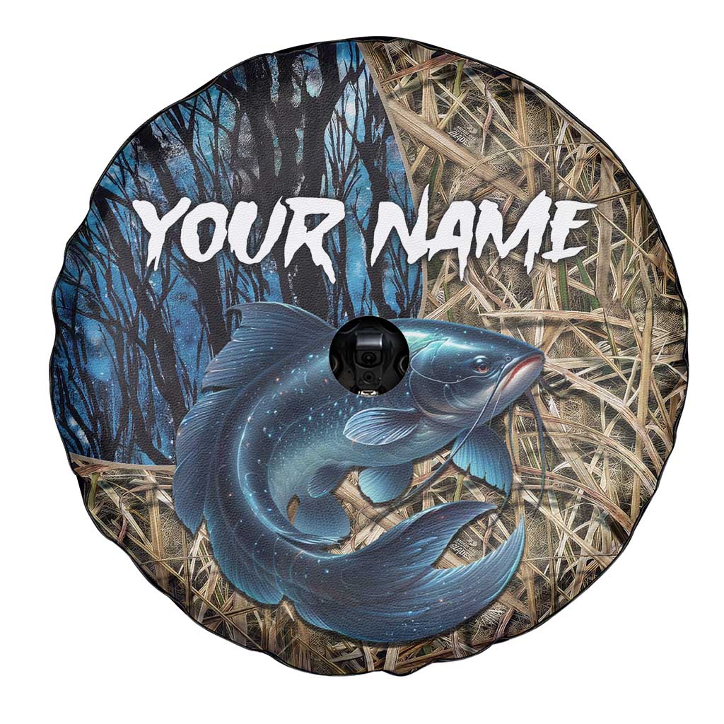 Catfish Fishing Personalized Spare Tire Cover Blue Bass and Camo Reeds Background TS04