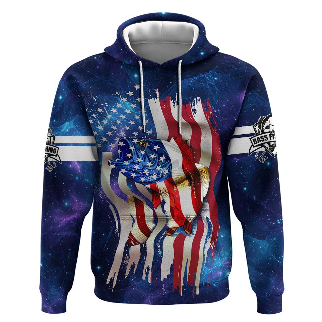 Bass Fishing Hoodie American Flag Patriotic and Cosmic Galaxy in Blue Red TS04