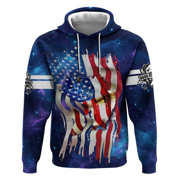 Bass Fishing Hoodie American Flag Patriotic and Cosmic Galaxy in Blue Red TS04