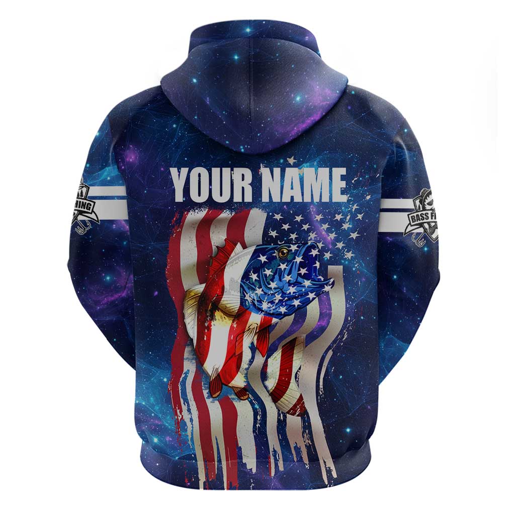 Bass Fishing Hoodie American Flag Patriotic and Cosmic Galaxy in Blue Red TS04