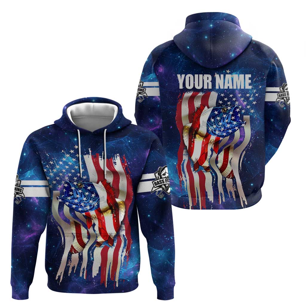 Bass Fishing Hoodie American Flag Patriotic and Cosmic Galaxy in Blue Red TS04