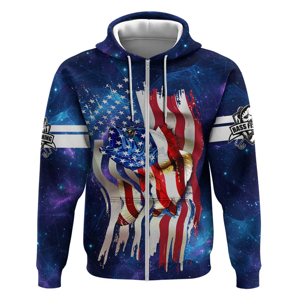 Bass Fishing Hoodie American Flag Patriotic and Cosmic Galaxy in Blue Red TS04