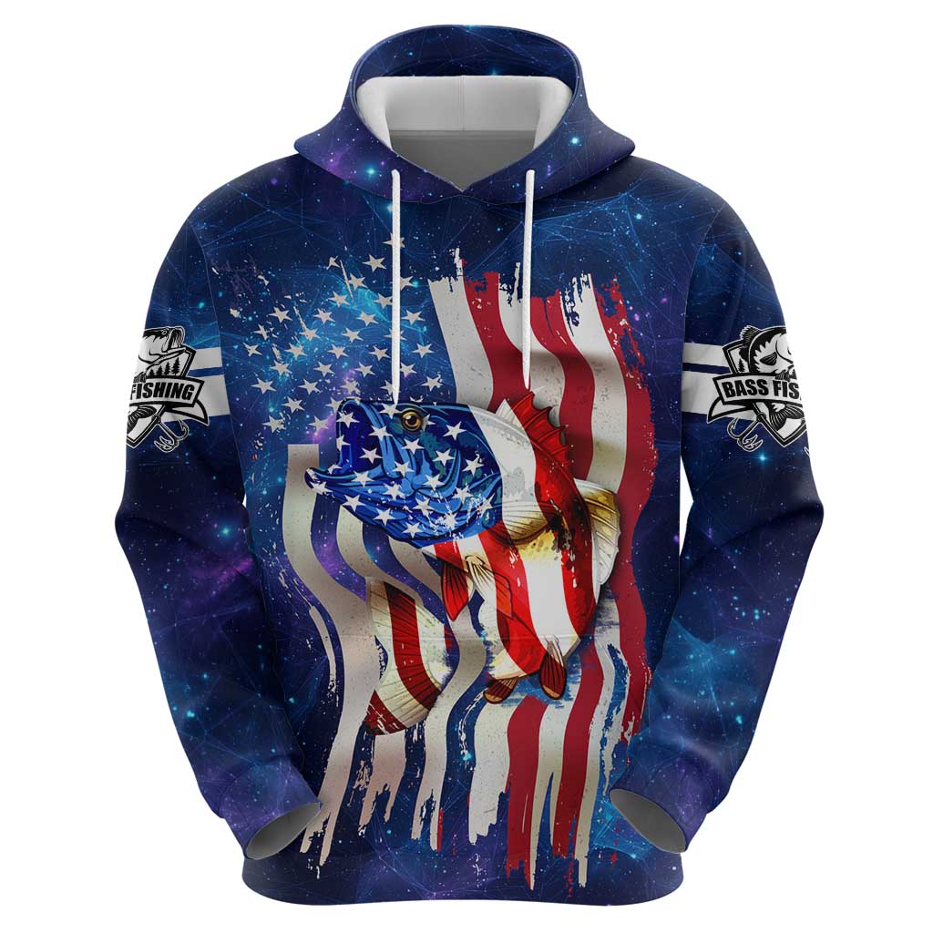 Bass Fishing Hoodie American Flag Patriotic and Cosmic Galaxy in Blue Red TS04