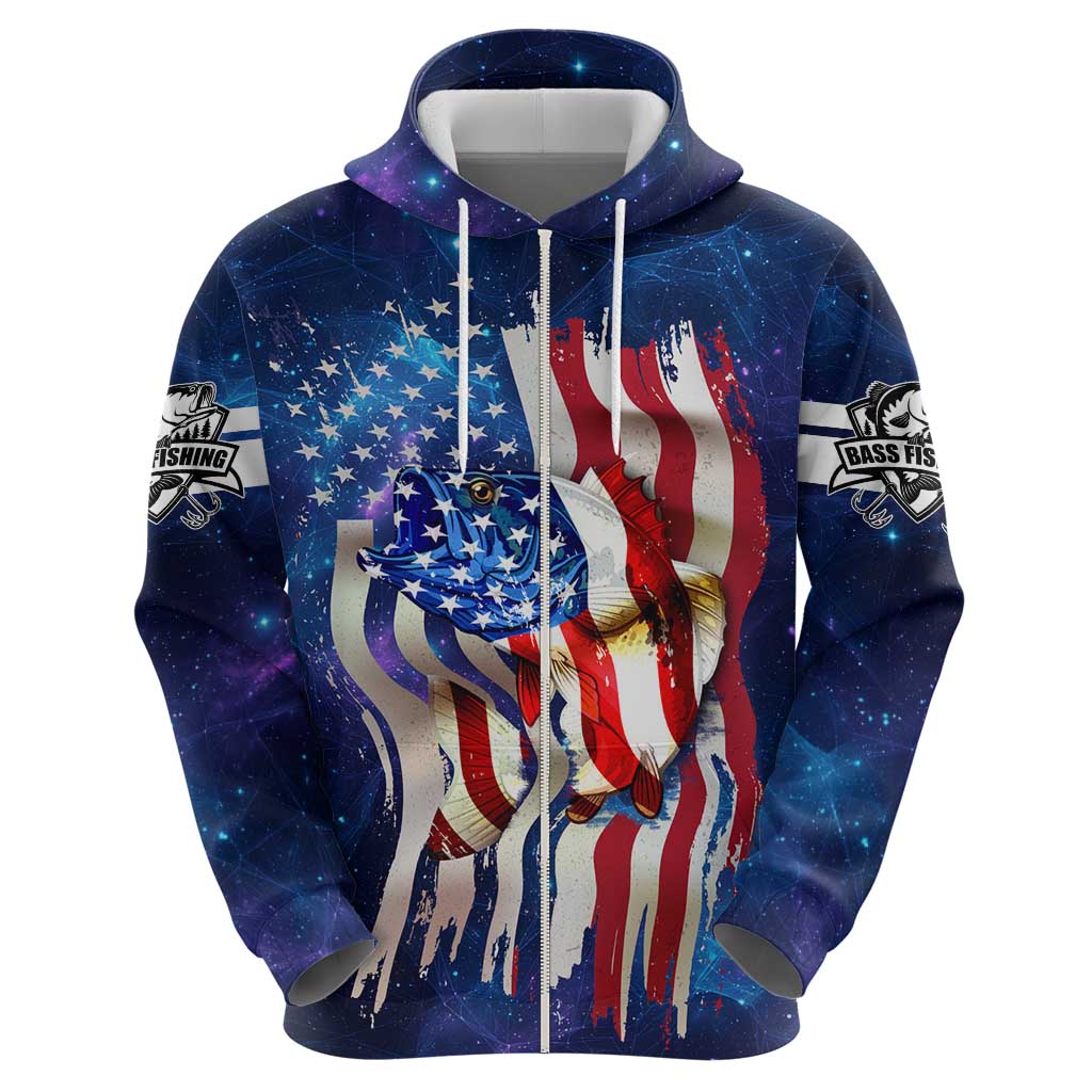 Bass Fishing Hoodie American Flag Patriotic and Cosmic Galaxy in Blue Red TS04