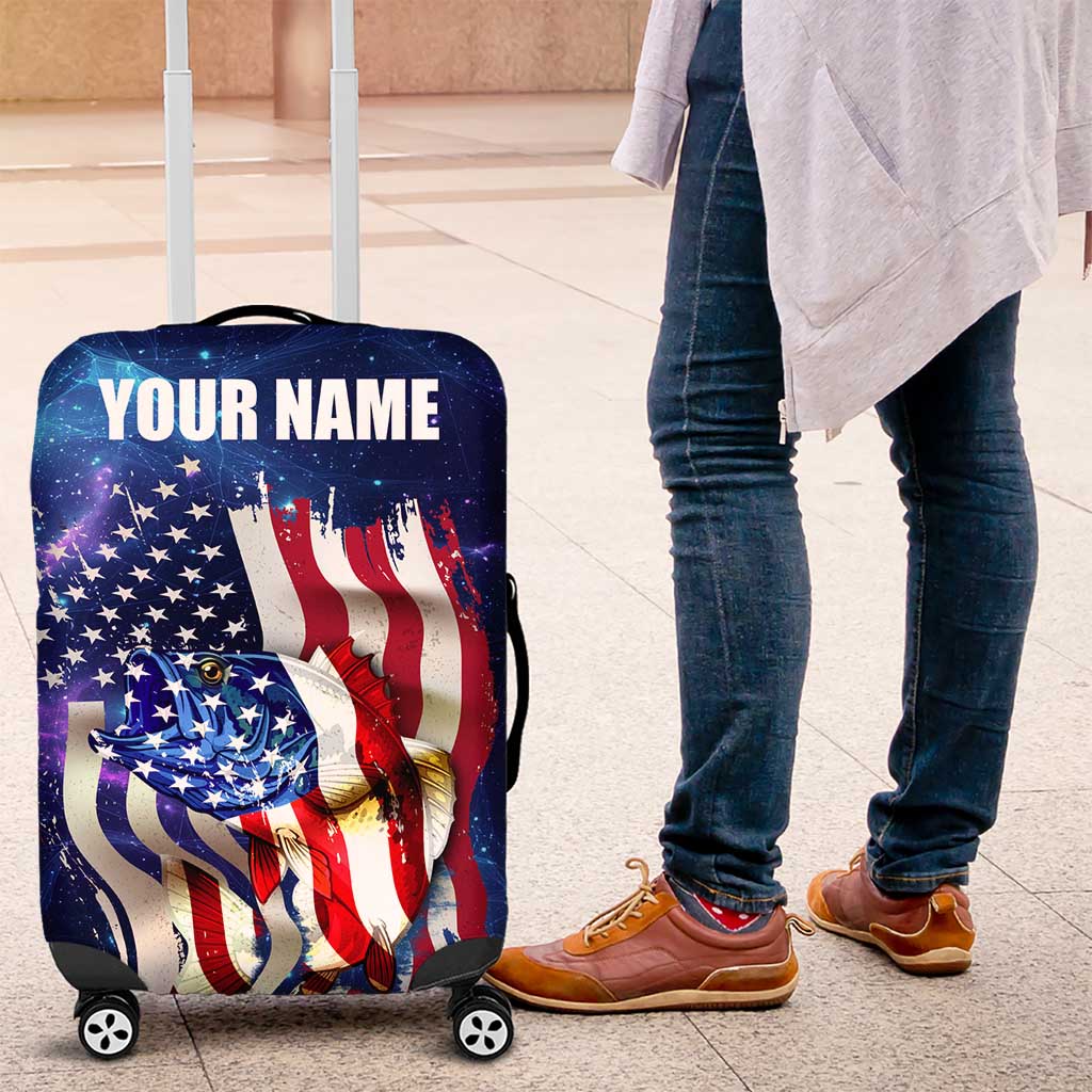 Bass Fishing Luggage Cover American Flag Patriotic and Cosmic Galaxy in Blue Red TS04