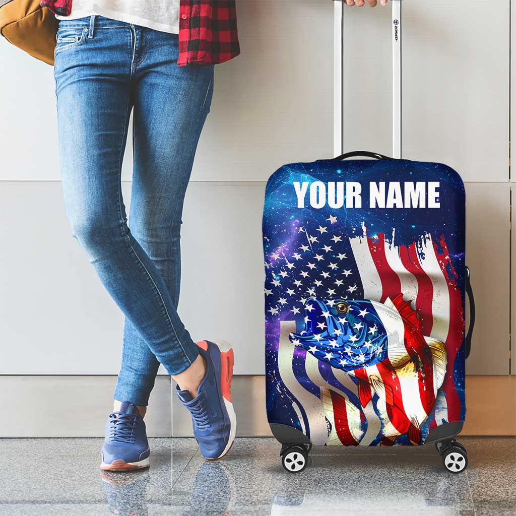 Bass Fishing Luggage Cover American Flag Patriotic and Cosmic Galaxy in Blue Red TS04