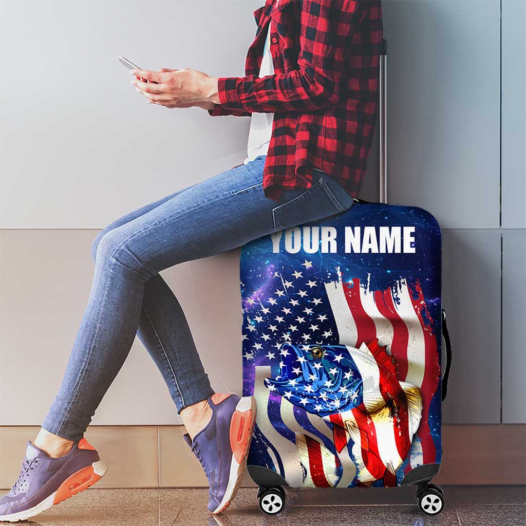 Bass Fishing Luggage Cover American Flag Patriotic and Cosmic Galaxy in Blue Red TS04