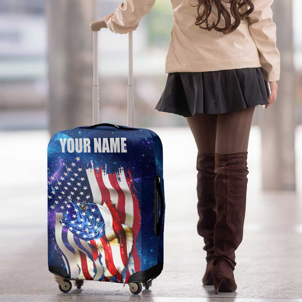 Bass Fishing Luggage Cover American Flag Patriotic and Cosmic Galaxy in Blue Red TS04