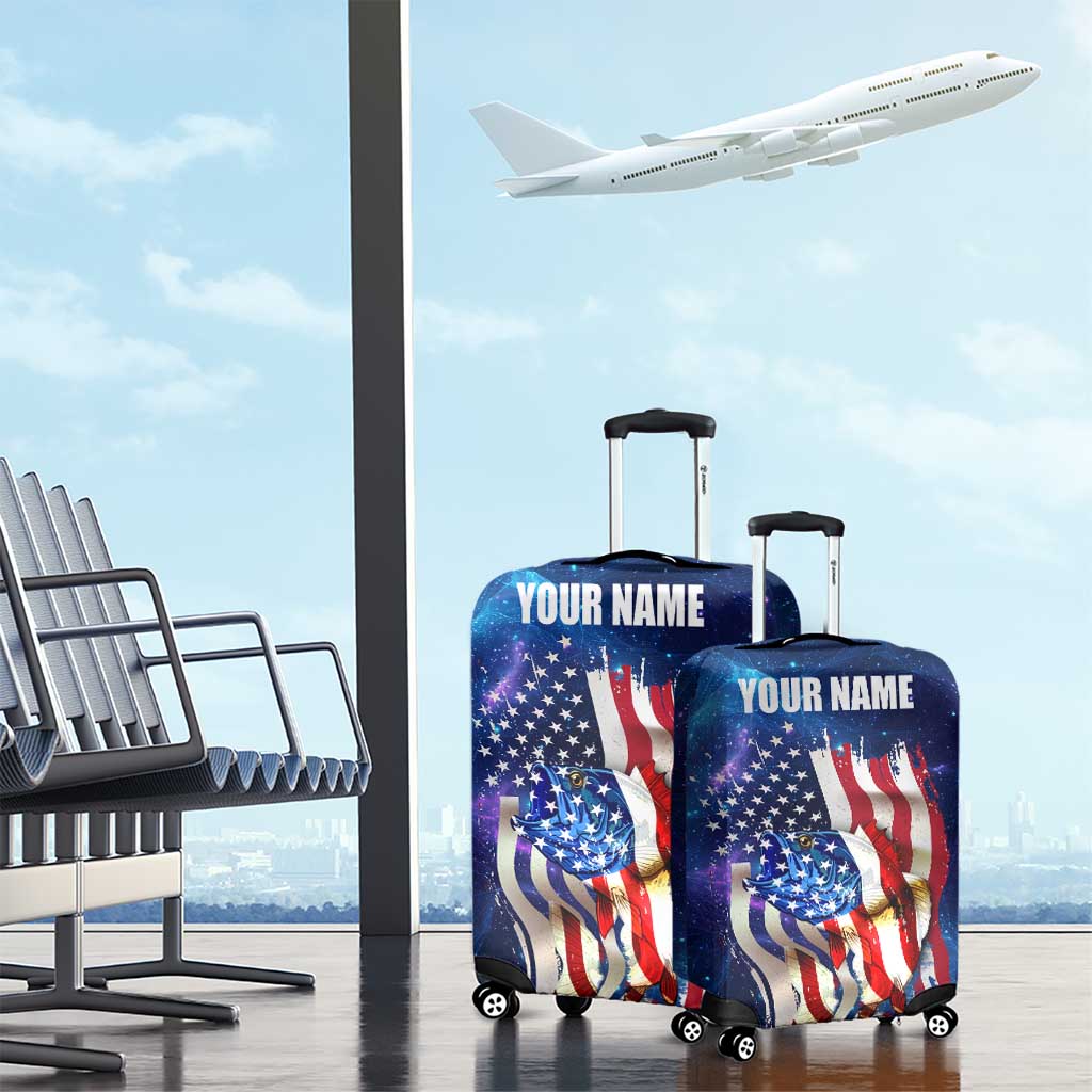 Bass Fishing Luggage Cover American Flag Patriotic and Cosmic Galaxy in Blue Red TS04