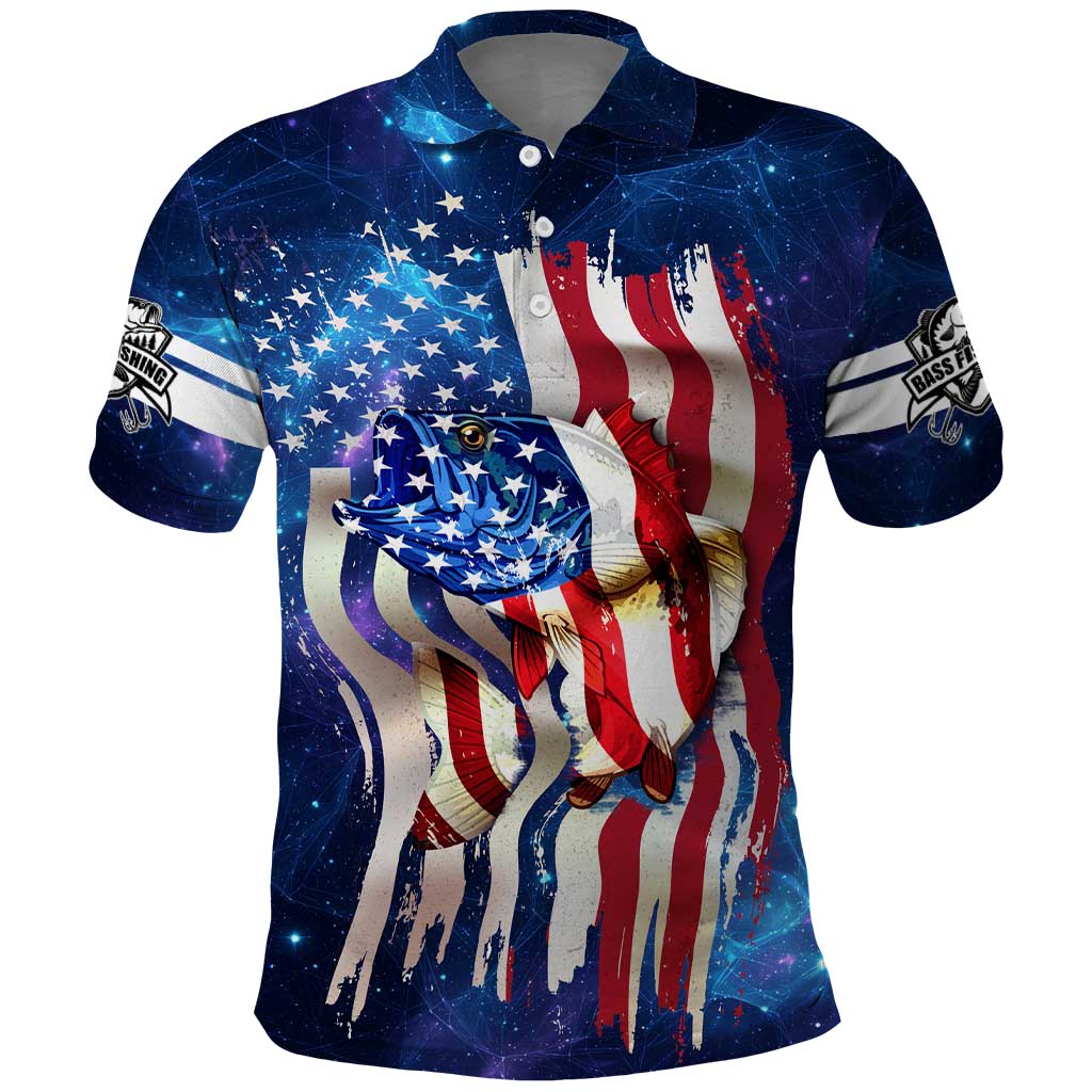 Bass Fishing Polo Shirt American Flag Patriotic and Cosmic Galaxy in Blue Red TS04