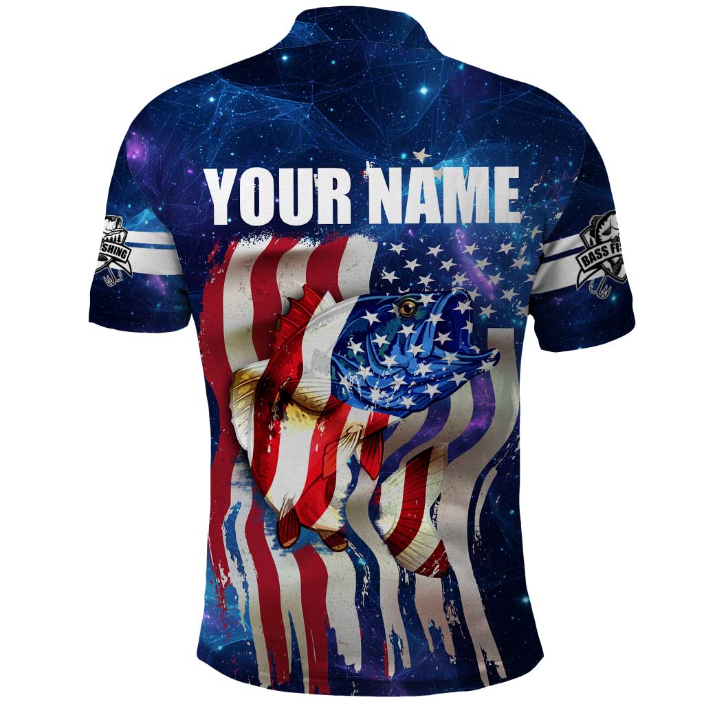 Bass Fishing Polo Shirt American Flag Patriotic and Cosmic Galaxy in Blue Red TS04